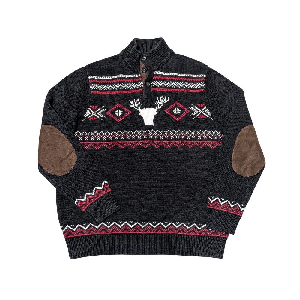 Chaps Sweater Mens L Black Reindeer Fair Isle Mock Neck Elbow Patch Lodge Cabin